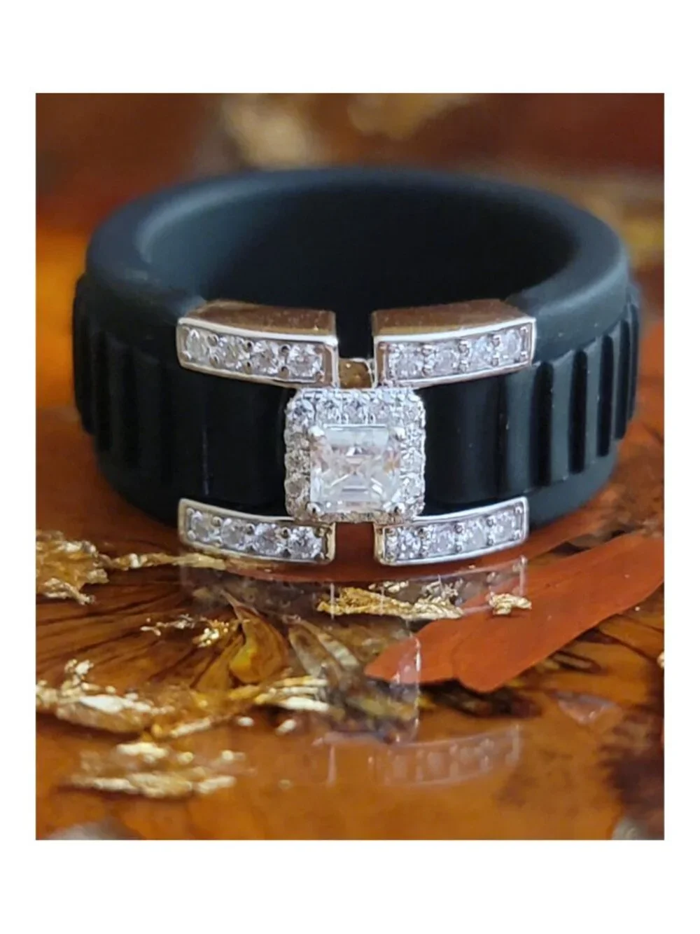 Black Silicone Moissanite Ring Size 9 Ascher Cut GRA Certified 925 Silver NWT